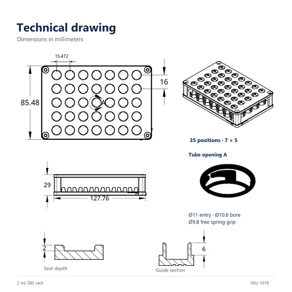 Rack for 2 mL Flat-Bottom Screw-Cap Tubes, SBS Footprint