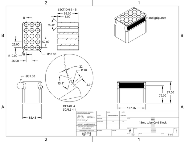 Cold block for 15 mL tubes, SBS footprint, 15 positions (5×3)